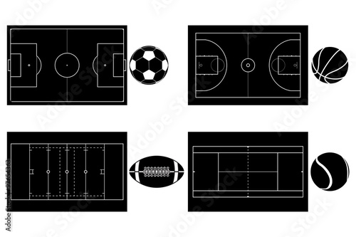 Basketball , soccer, tennis and american football ball. Basketball court. Tennis court. American football field. Soccer field. Green football stadium Top view. Sport set. 