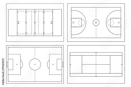 Basketball court. Tennis court. American football field. Sport set. Soccer field. Football stadium Top view.