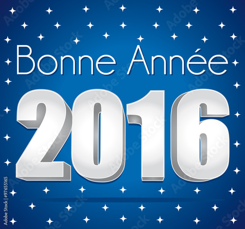 Bonne année 2016. Carte de vœux étoilée bleue et argent.