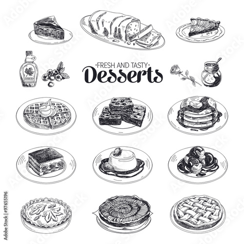 Vector hand drawn sketch restaurant desserts set. 