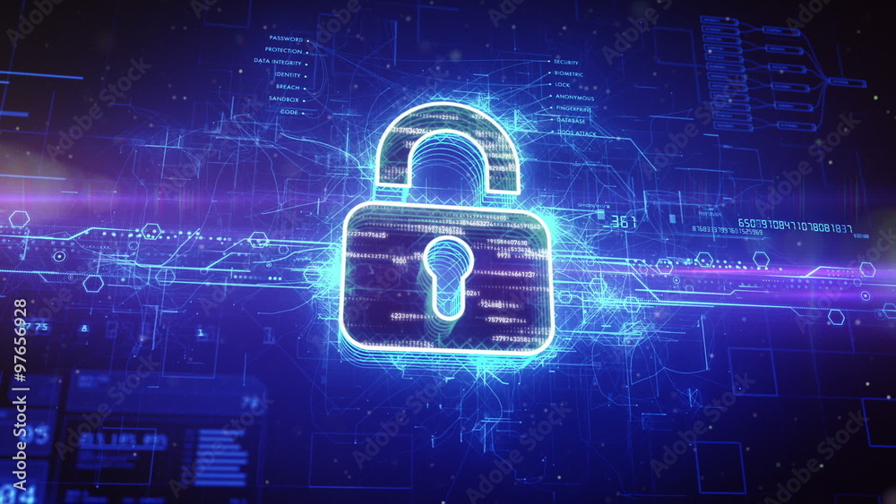 Abstract animation of a digital padlock in cyber space