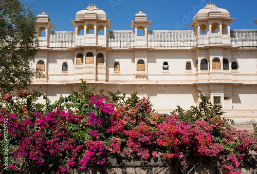 Indian palace behind the colorful flowers grow on the fence