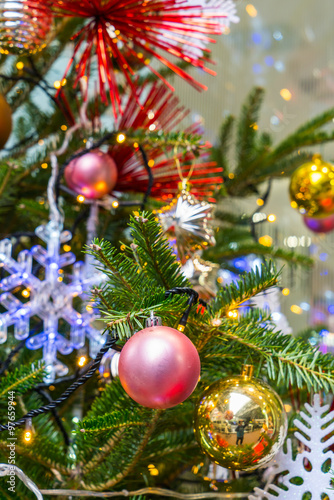 Closeup of Christmas tree decorations background