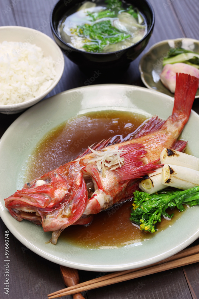 simmered kinki rockfish with rice and miso soup, japanese cuisine