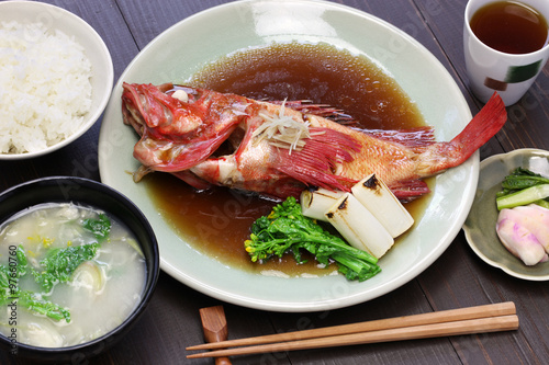 simmered kinki rockfish with rice and miso soup, japanese cuisine photo