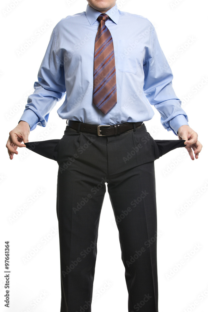 Businessman showing empty pockets Businessman showing empty pockets