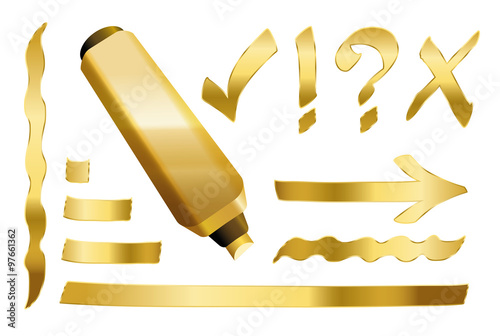 Gold marker - plus some gilded signs like call sign, question mark, tick mark, arrow and underlining. Vector illustration over white background.