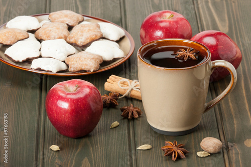 Mug Of Tea Or Coffee. Apples, Spices. Gingerbread Star Cookies W