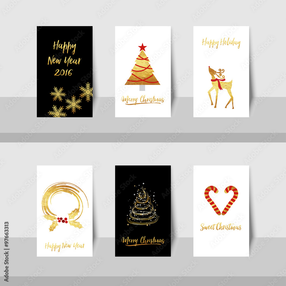 Merry Christmas New Year golden tree deer small card with gold shiny tree, curve lines, candy canes, reindeer and wreath in gold, red and black or white colors background.