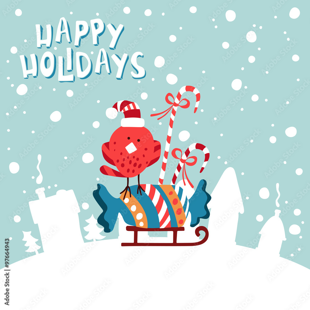 Fototapeta premium XMas card. Image birdies in a Santa hat with candies on sled.