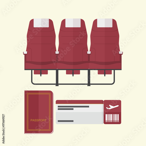 Airplane seat with passport and boarding pass in flat design . Vector Illustration