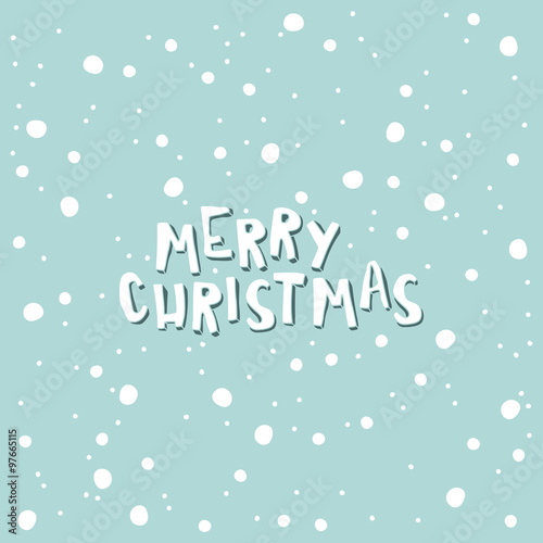 Merry Christmas on a light blue background with snowflakes.