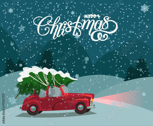 Merry Christmas illustration. Christmas landscape card design of retro red car with tree on the top.