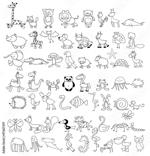 Fototapeta Naklejka Na Ścianę i Meble -  Children's drawings of doodle animals