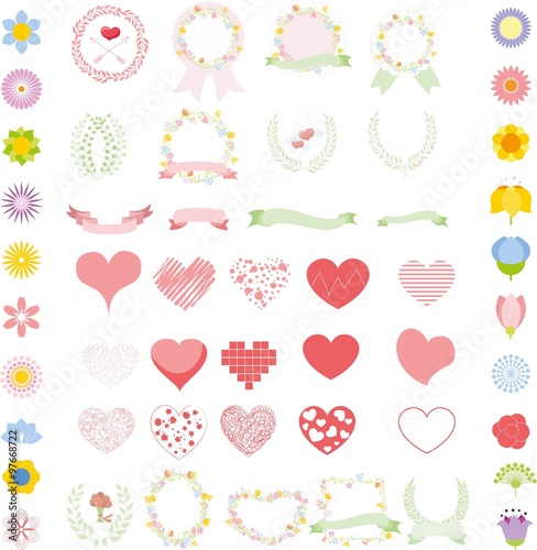 Set of wedding graphic set- wreath, flowers, arrows, hearts, laurel, ribbons and labels, brushes depicting an award achievement heraldry nobility, hand drawing vector illustration 