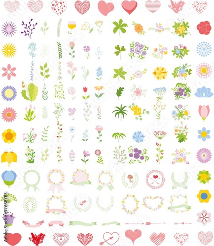 Set of wedding graphic set- wreath, flowers, arrows, hearts, laurel, ribbons and labels, brushes depicting an award achievement heraldry nobility, hand drawing vector illustration 