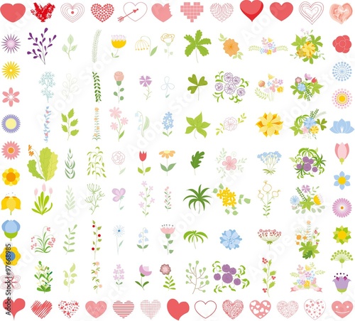 Set of wedding graphic set- wreath, flowers, arrows, hearts, laurel, ribbons and labels, brushes depicting an award achievement heraldry nobility, hand drawing vector illustration 