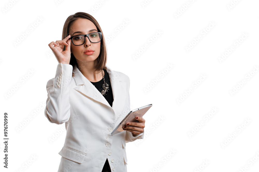 sexy business woman with glasses with the tablet on a white background sexy business woman with glasses with the tablet on a white background