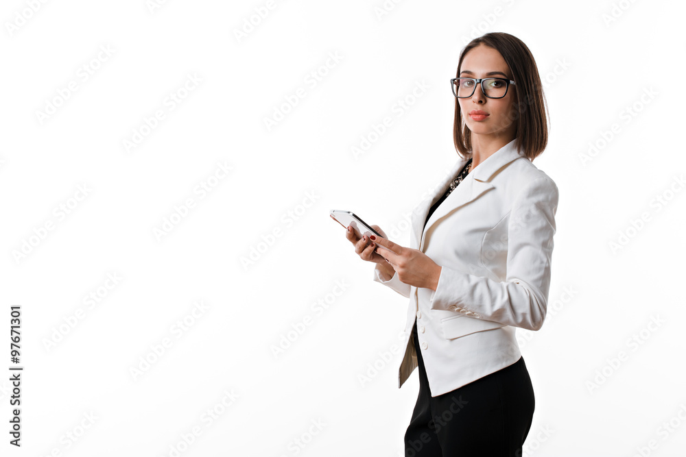 sexy business woman with glasses with the tablet on a white background sexy business woman with glasses with the tablet on a white background