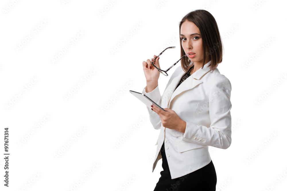 sexy business woman with glasses with the tablet on a white background sexy business woman with glasses with the tablet on a white background