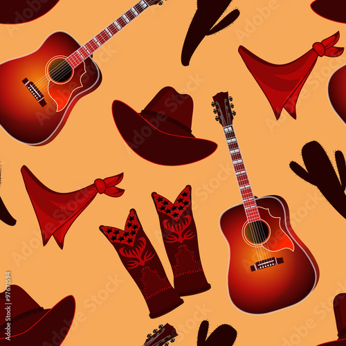 Seamless pattern with country music elements. Music background. Vector illustration