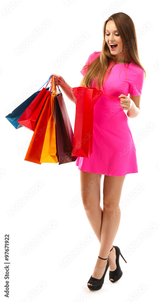 Young pretty woman with shopping packages isolated on white Young pretty woman with shopping packages isolated on white