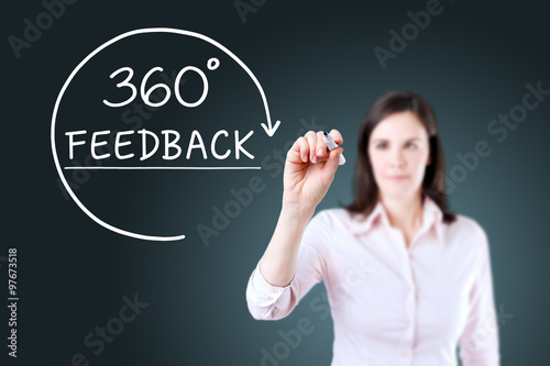 Businesswoman drawing a 360 degrees Feedback concept on the virtual screen. Blue background.