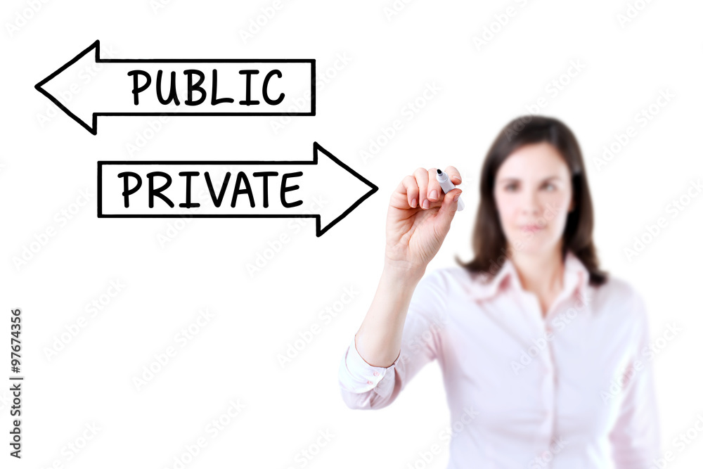 Businesswoman drawing a Private or Public concept on the screen. Isolated on white. Businesswoman drawing a Private or Public concept on the screen. Isolated on white.