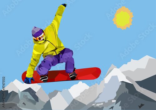 Snowboarder jumping and making tricks in mountains. Colorful WPAP vector illustration