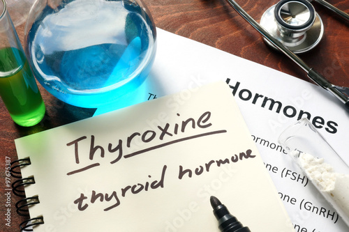 Hormone  thyroxine written on notebook. Test tubes and hormones list.