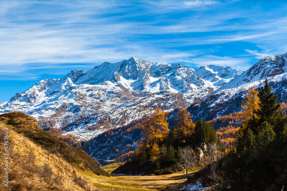 Stunning view Engadin Alps in golden autumn