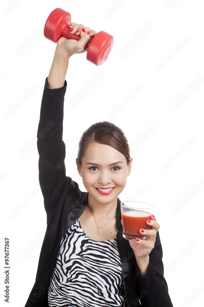 Healthy Asian woman with dumbbell and tomato juice Healthy Asian woman with dumbbell and tomato juice