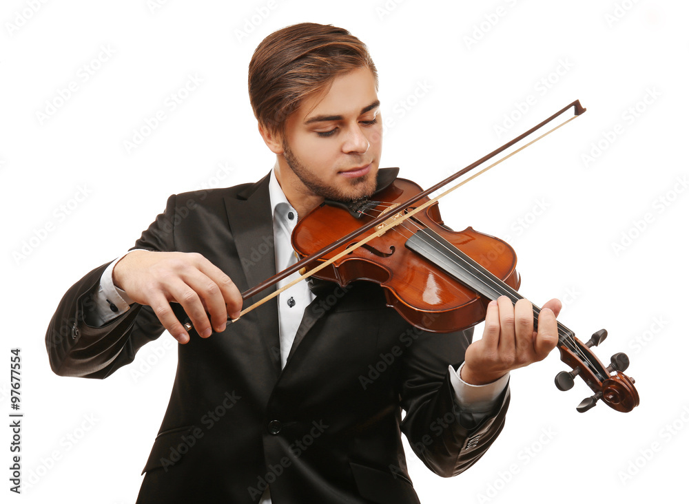 Handsome man plays violin isolated on white background, close up Handsome man plays violin isolated on white background, close up