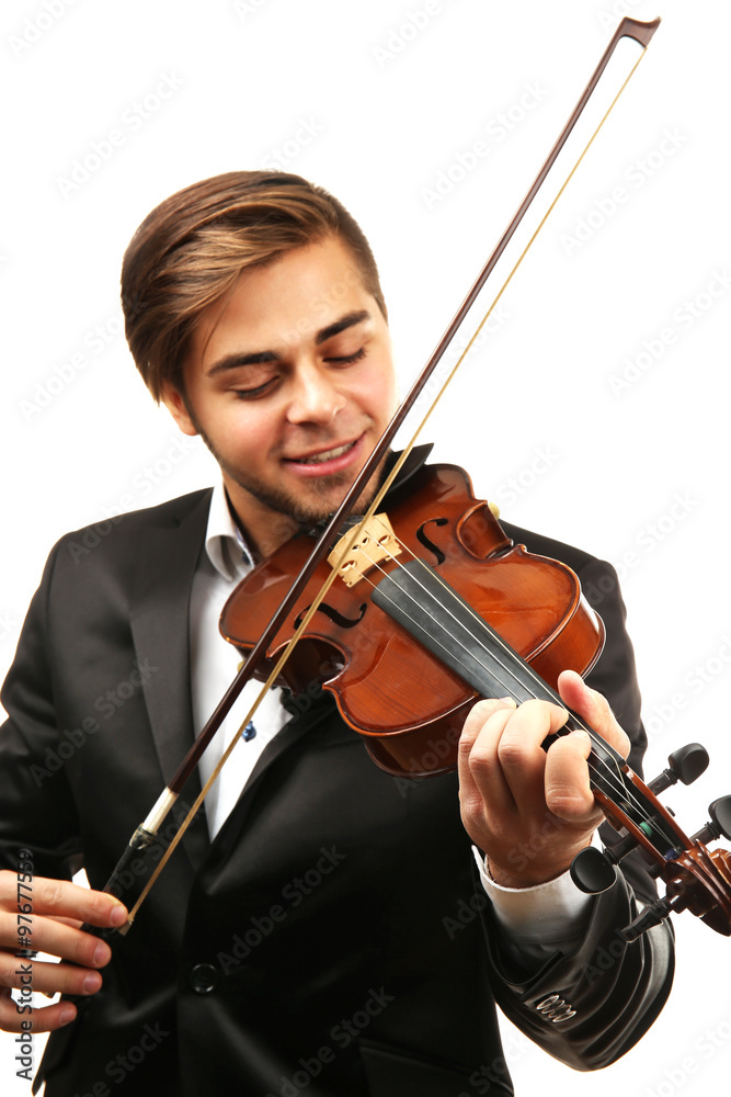 Handsome man plays violin isolated on white background, close up Handsome man plays violin isolated on white background, close up