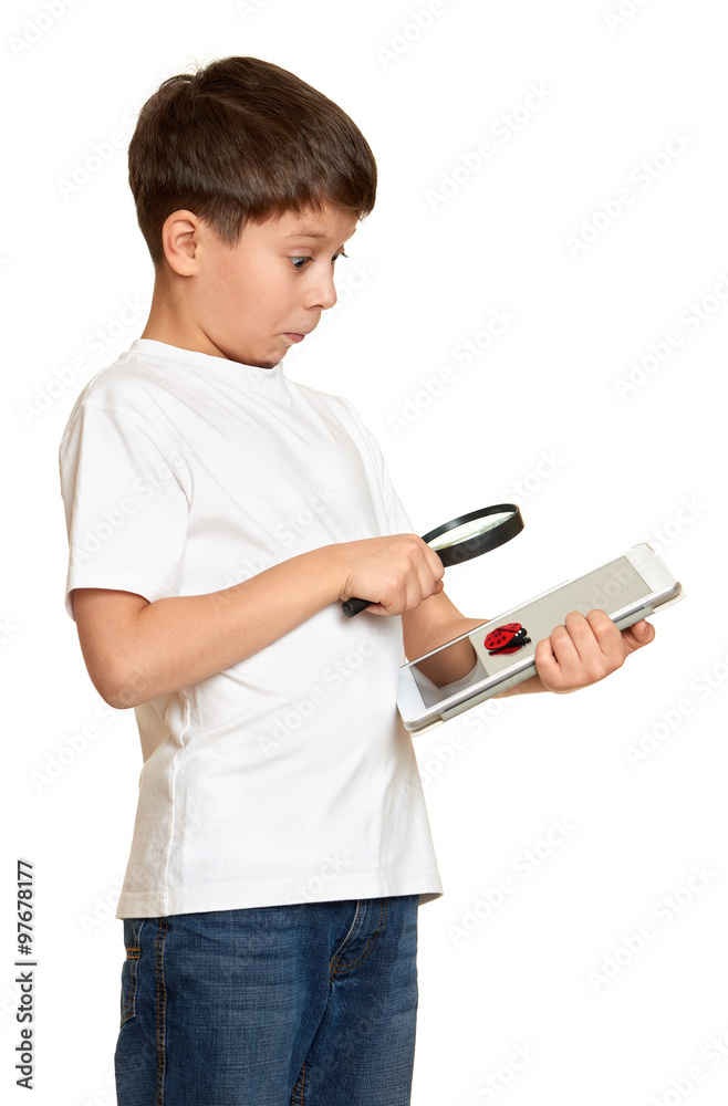 boy with computer tablet found a bug, information security concept boy with computer tablet found a bug, information security concept