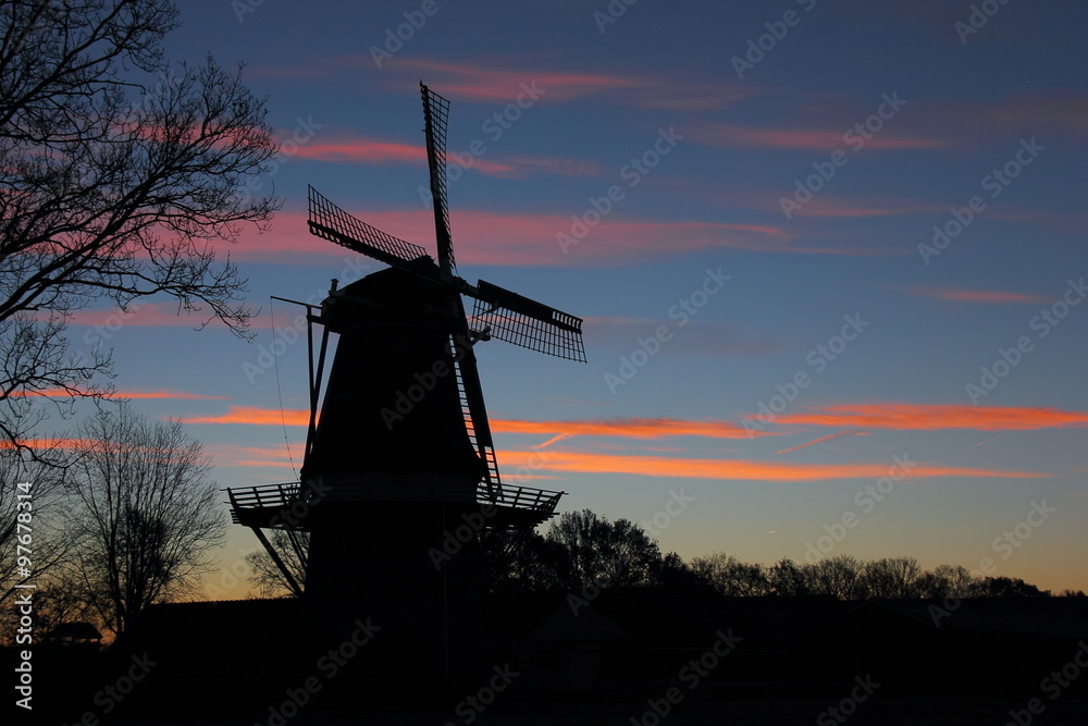 Dutch windmill at sunrise - obrazy, fototapety, plakaty 
