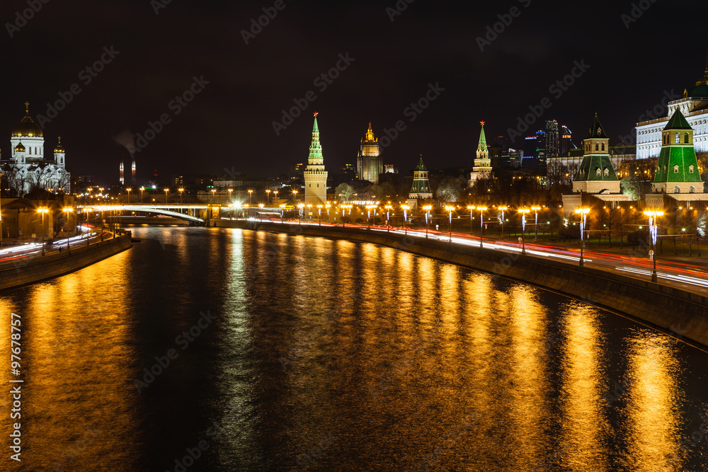 illuminated Moskva River and Kremlin in Moscow