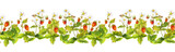Seamless ribbon border with wild forest strawberry berries - garden fragaria. Aquarelle painted banner line 