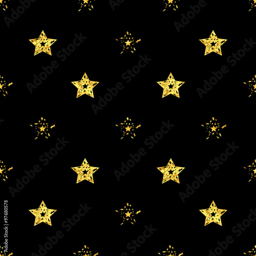 Golden stars on black backdrop. Vector seamless geometric pattern background for decoration  wallpaper  web page  surface textures and print. EPS 10