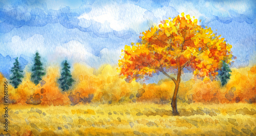 Watercolor landscape of series  Tree in different seasons 