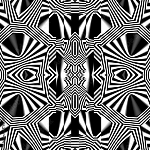 Abstract retro black and white pattern of intertwining stripes and geometric shapes