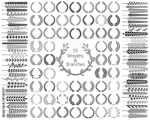 Set of 55 Wreaths and branches. Vector illustration.