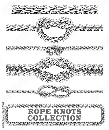 Rope knots collection. Overhand, Figure of eight and square knot. Seamless decorative elements. Vector illustration.