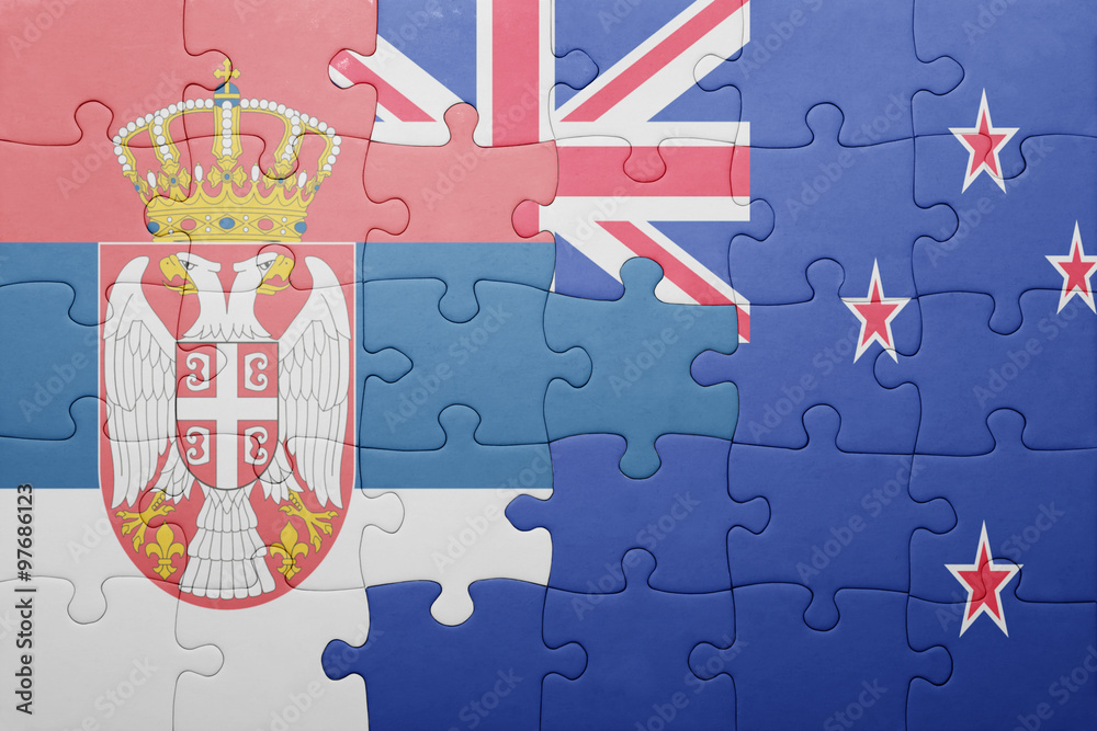 puzzle with the national flag of serbia and new zealand