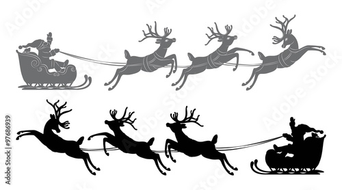 Black vector silhouette, Flying Santa Claus in a reindeer sleigh 