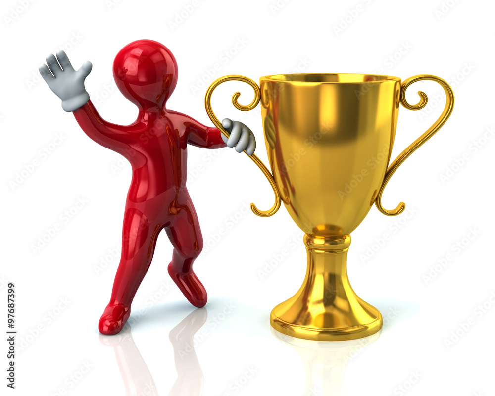 Red cartoon man and gold cup of the winner Stock Illustration | Adobe Stock
