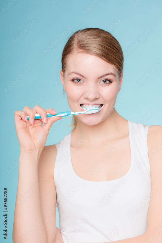 woman with toothbrush brushing cleaning teeth woman with toothbrush brushing cleaning teeth