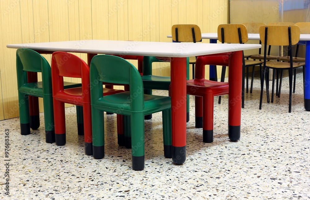 colored tables and chairs in the dining room of the kindergarten colored tables and chairs in the dining room of the kindergarten