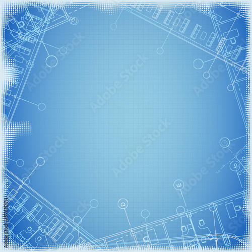 Architectural template. Building plan on vintage, grid background. White silhouette gray backdrop. Vector illustration