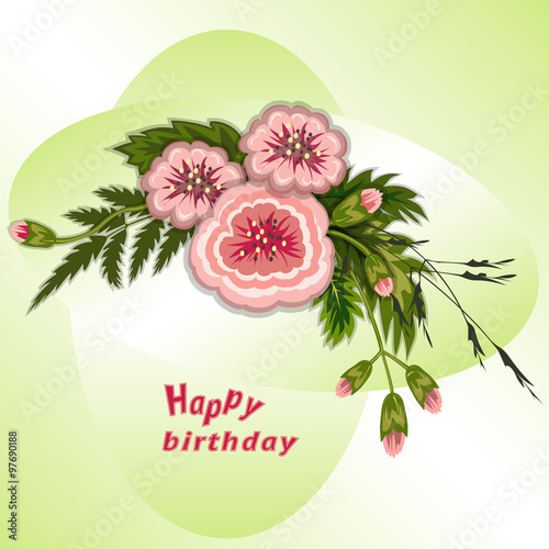 Floral composition. Bouquet of flowers on soft green background. Happy birthday pattern for woman. Greeting card. Vector illustration